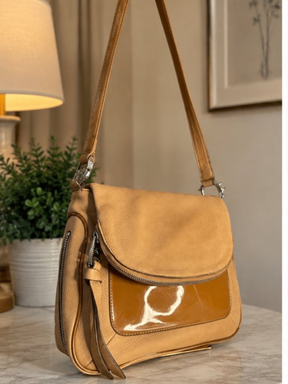 Aimee Kestenberg Tan Nubuck Leather Flap Hobo Crossbody Shoulder Bag